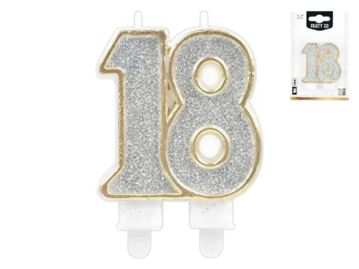 Свічка для торта цифра "18", срібна з блискітками, 7,5 см