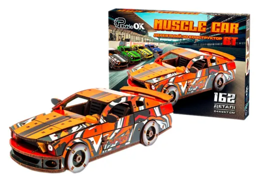 Дерев'яний 3D конструктор Muscle car GT червона, 162 деталі, PuzzleOk Puz-00942