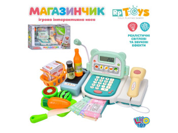Ігровий касовий апарат, калькулятор, мікрофон, сканер, продукти, гроші, звук, світло (16 предметів)