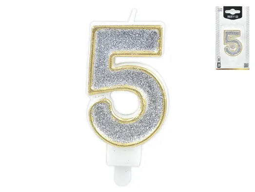 Свічка для торта цифра "5", срібна з блискітками, 7 см