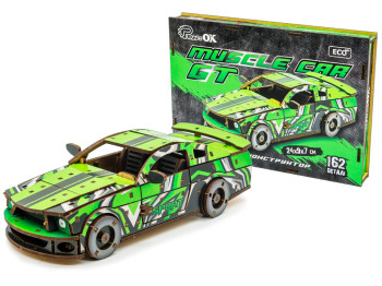 Деревянный 3D конструктор зеленый Muscle Car, 162 детали, PuzzleOk Puz-00946