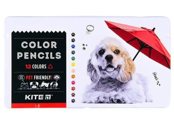 Карандаши цветные трехгранные в металлическом пенале Dogs 12шт, Kite