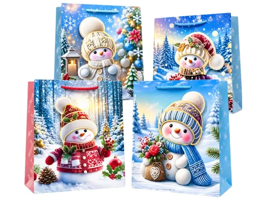 Новогодний подарочный пакет Snowman 3D L, бумажный, 30×41,5×12 см, 4 дизайна (цена за 1шт)