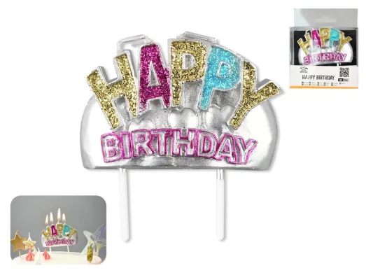 Свічка для торта “Happy Birthday”, глітер, 8 см
