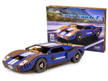 Дерев'яний 3D конструктор синій Fast Car GT, 164 деталі, PuzzleOk Puz-26915