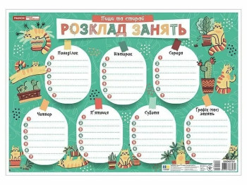 Плакат “Пиши-стирай. Розклад занять. Зелений. З котиками”, Ранок