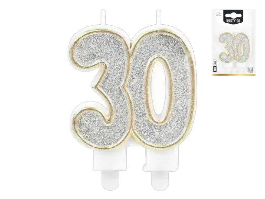 Свеча для торта цифра "30", серебряная с блестками, 7,5 см