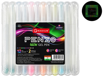 Набор гелевых ручек Penzo Glow, 12 шт., люминесцентный корпус, 10 микс + 2 глиттер, Radius