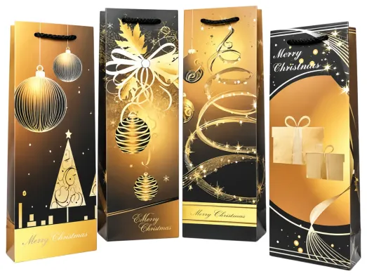 Новогодний подарочный пакет Christmas gifts для бутылки, 12×9×35 см, 4 дизайна (цена за 1шт)