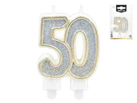 Свічка для торта цифра "50", срібна з блискітками, 7,5 см
