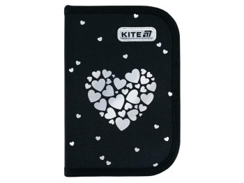Пенал школьный на 1 отделение с наполнением Kite Black&Silver, 2 отворота