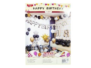 Набір декора Happy birthday 18, Дизайн в золотих, срібних, чорних тонах (банер, кульки), T-8997
