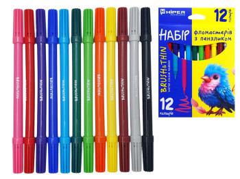 Набір фломастеров Brush&Thin з пензликом 12 шт, Hiper