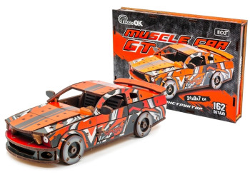Деревянный 3D конструктор красный Muscle Car, 162 детали
