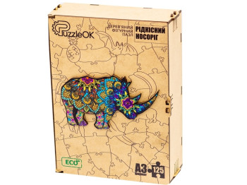 Фигурный деревянный пазл Редкий носорог A3, в деревянной упаковке, PuzzleOk