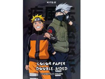 Папір кольоровий двостороній Naruto Shippuden А4, 15 аркушів, 15 кольорів, Kite