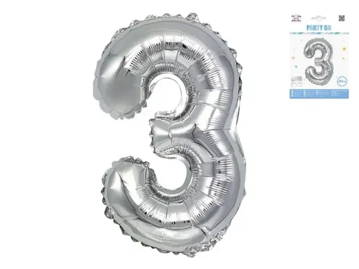Куля фольгована цифра 3 Party Go 40 см, самотримаюча форма, срібна