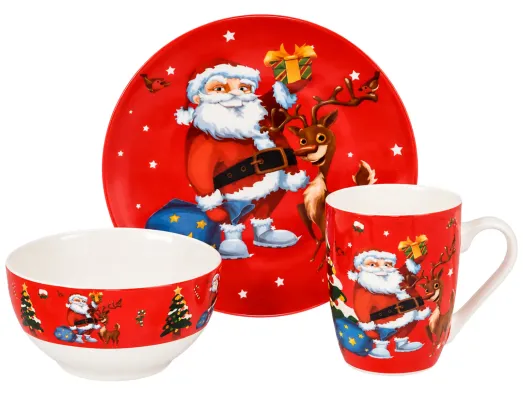 Новогодний набор посуды Christmas Set, тарелка, пиала, чашка 360 мл, 3 предмета