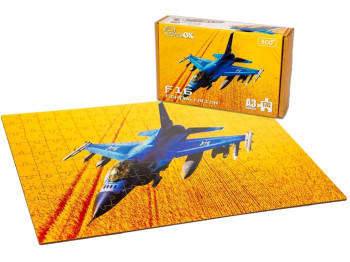 Фігурний дерев'яний пазл F16 Fighting Falcon A3 в картонній упаковці