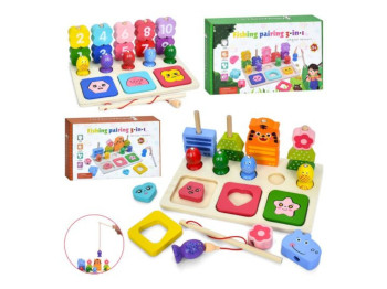 Деревянная игрушка многофункциональная доска MD 0371, 3в1, с пирамидками и рыбалкой, 2 вида
