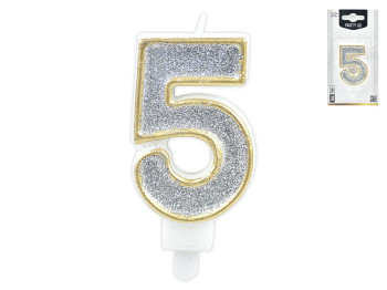Свеча для торта цифра "5", серебряная с блестками, 7 см
