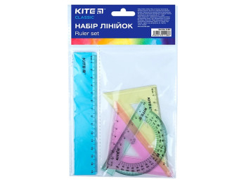 Набор линеек Kite Classic, 15 см, 2 угольника, транспортир, ассорти цветов