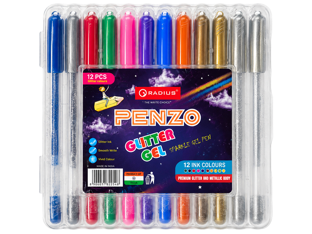 Набор гелевых ручек Penzo Glitter, 12 цветов, 8 микс + 2 серебристые + 2 золотистые, Radius