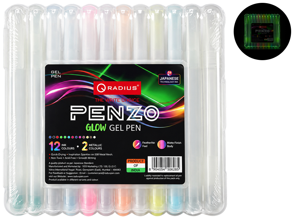 Набор гелевых ручек Penzo Glow, 12 шт., люминесцентный корпус, 10 микс + 2 глиттер, Radius