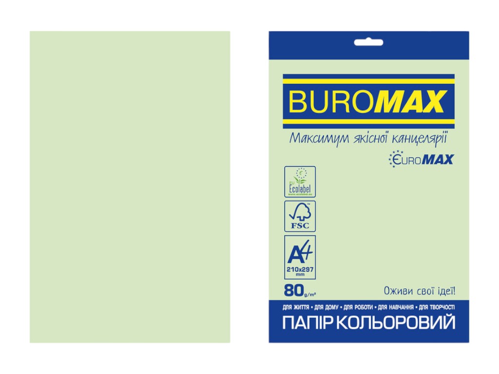 Кольоровий папір BUROMAX EUROMAX PASTEL, A4, світло-зелений, 80 г/м², 20 аркушів