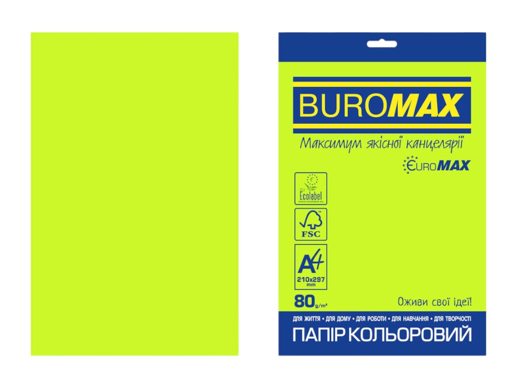 Кольоровий папір BUROMAX EUROMAX NEON, A4, зелений неоновий, 80 г/м², 20 аркушів