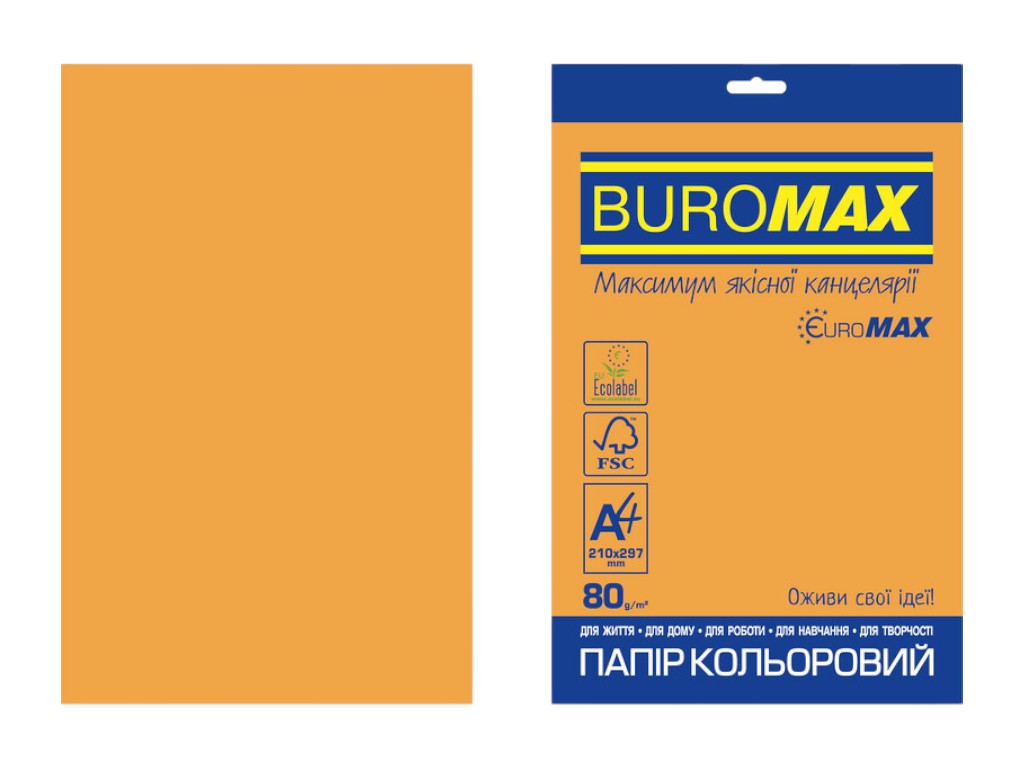 Кольоровий папір BUROMAX EUROMAX NEON, A4, помаранчевий неоновий, 80 г/м², 20 аркушів