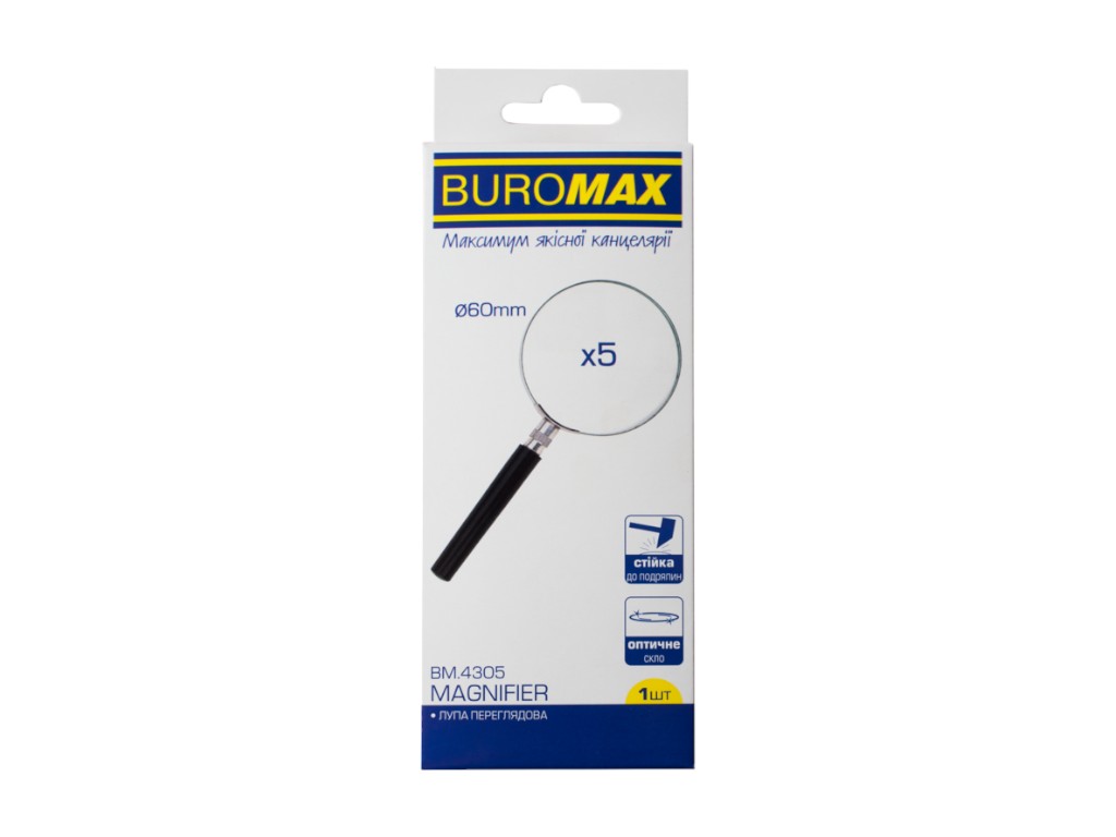 Лупа BUROMAX, 5x, 60 мм, оптическое стекло, металлическая оправа, пластиковая ручка