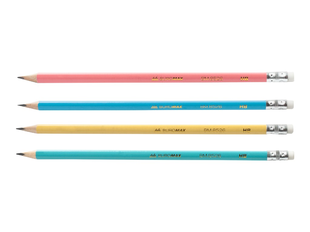 Карандаш графитовый PASTEL HB, с резинкой, микс цветов 1 (цена за 1шт.), Buromax