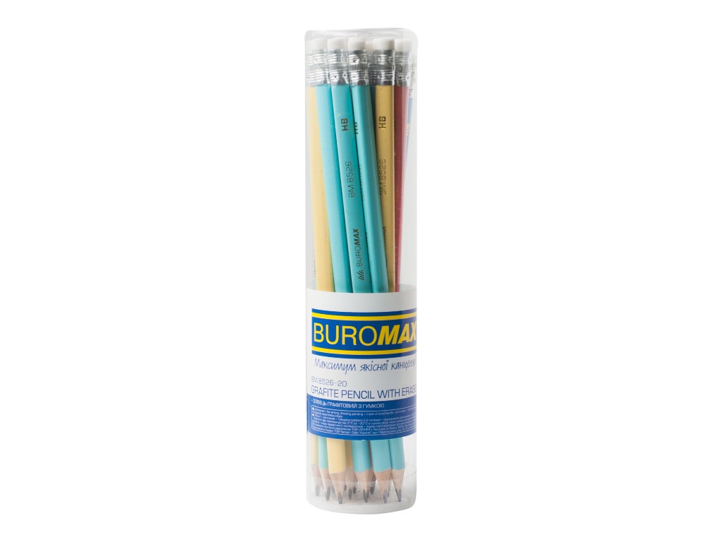 Карандаш графитовый PASTEL HB, с резинкой, микс цветов 1 (цена за 1шт.), Buromax