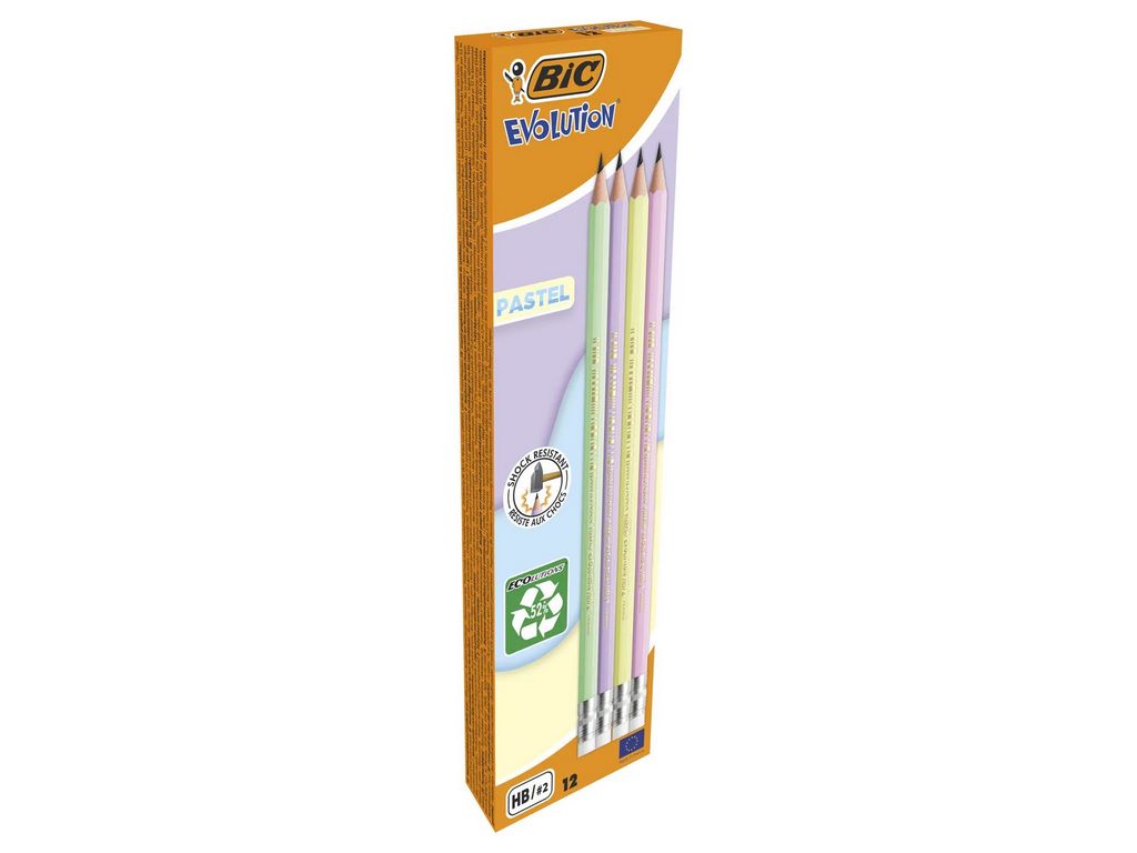 Олівець графітовий НВ Evolutio Пастель, асорті, з гумкою, в коробці 12шт, BIC bc518306 (ціна за 1 шт
