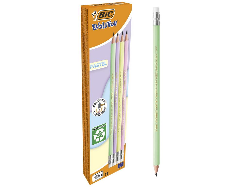Олівець графітовий НВ Evolutio Пастель, асорті, з гумкою, в коробці 12шт, BIC bc518306 (ціна за 1 шт
