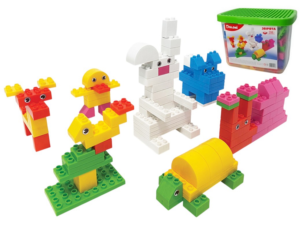 Конструктор блочный Зверята, 266 элементов, в пластиковом боксе, Doloni Toys