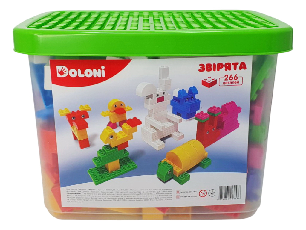 Конструктор блочный Зверята, 266 элементов, в пластиковом боксе, Doloni Toys