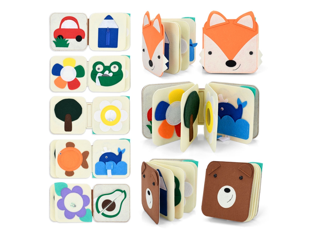 Мягкая бизи-книга 25002-25003, 15×15 см, с молнией, зеркалом и подвижными деталями, 2 вида