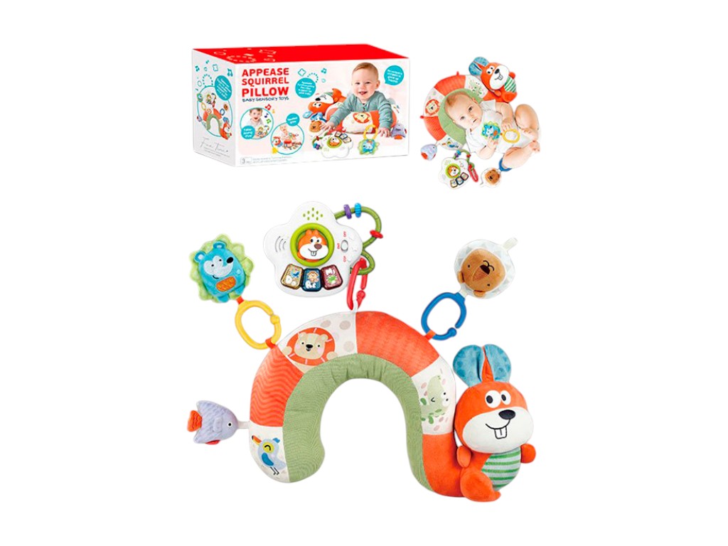 Игрушка мягкая Подвеска 2в1 с подушкой Белка, музыка и свет, звуки животных, на батарейках