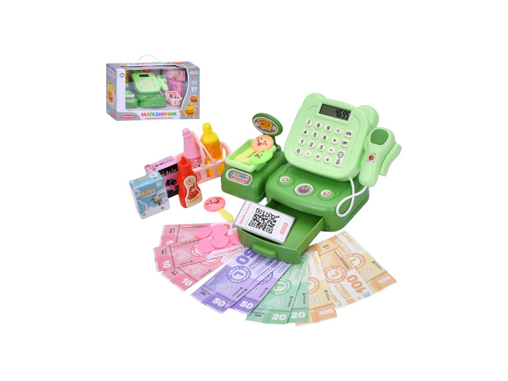 Игровой кассовый аппарат, калькулятор, сканер, звук, свет, 17 предметов, весы, деньги