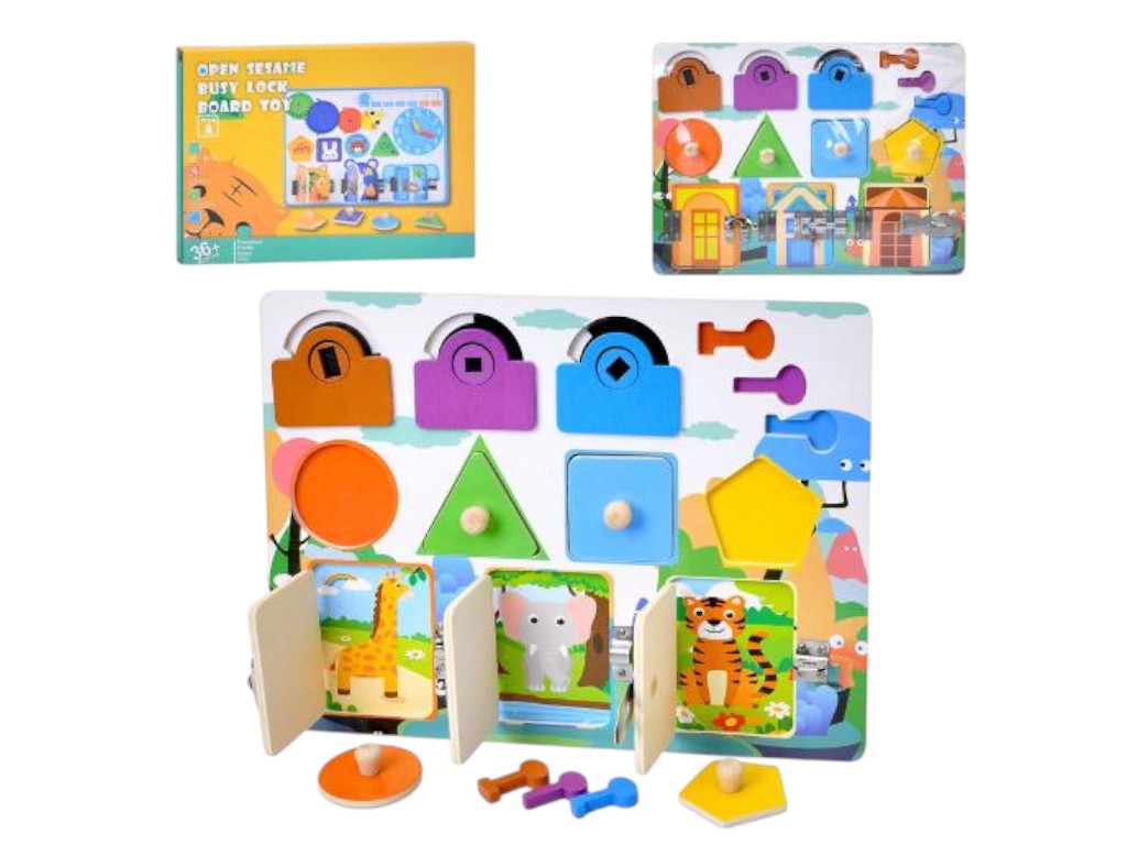 Деревянная игрушка бизиборд MD 0887, 30×22,5 см, с замками и ключами