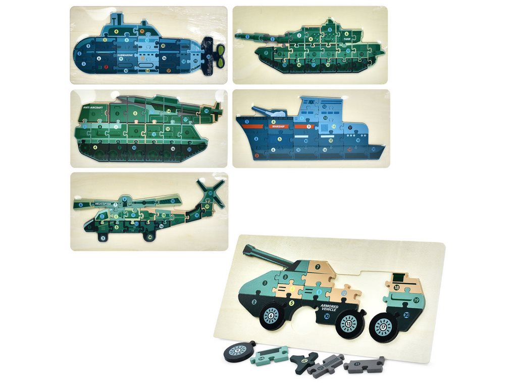 Деревянная игрушка пазлы военный транспорт, 45×22,5 см, 6 видов (цена за 1 шт)