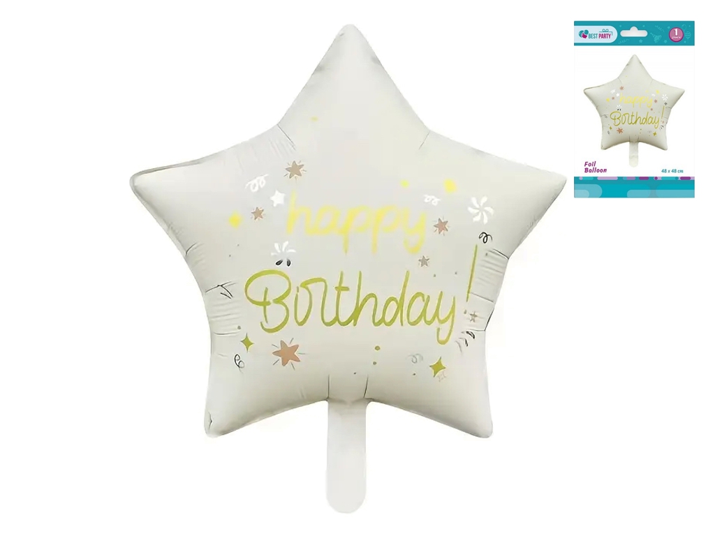 Фольгована повітряна кулька Happy Birthday у формі зірки, біла, 48×48 см