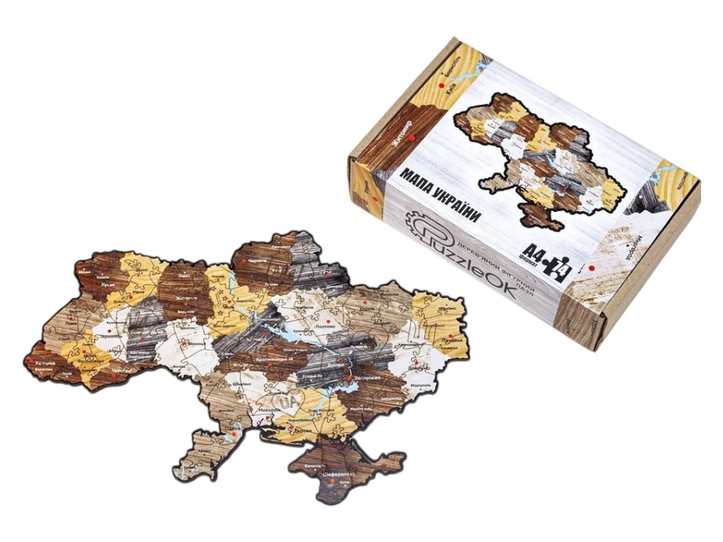 Фигурный деревянный пазл Карта Украины A4, в картонной упаковке, PuzzleOk