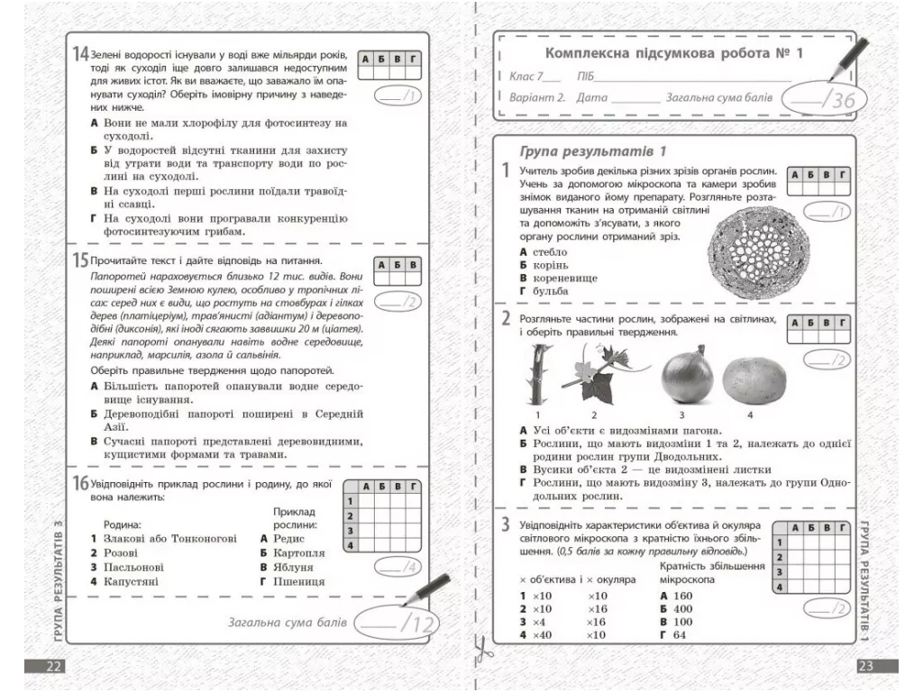 НУШ 7 клас, Біологія, Поточне та підсумкове оцінювання за групами результатів + діагностувальна робо