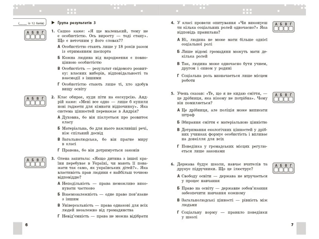 НУШ 6 клас, Громадянська освіта. Поточне та підсумкове оцінювання за групами результатів + діагносту