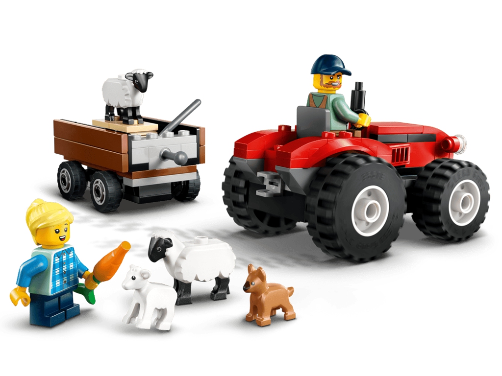Конструктор LEGO City Красный фермерский трактор с прицепом и овцами, 116 деталей