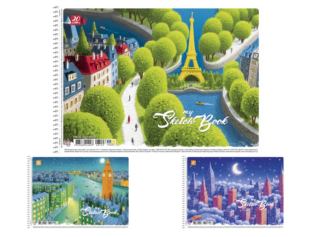 Альбом для рисования спираль PB-SC-020-8559, A4, 20 листов, 3 вида (цена за 1шт), Школярик