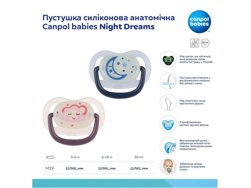 Пустушка силіконова анатомічна Night Dreams, 18+ місяців, 22/502_new, Canpol Babies